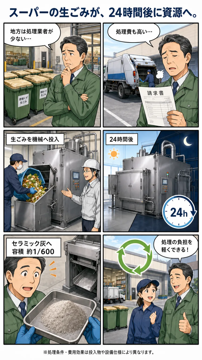 スーパーの生ごみが24時間後に資源へ。地方は処理業者が少なく処理費も高い。生ごみを機械へ投入すると24時間後にセラミック灰へ（容積約1/600）。処理の負担を軽くできる。※処理条件・費用効果は投入物や設備仕様により異なります